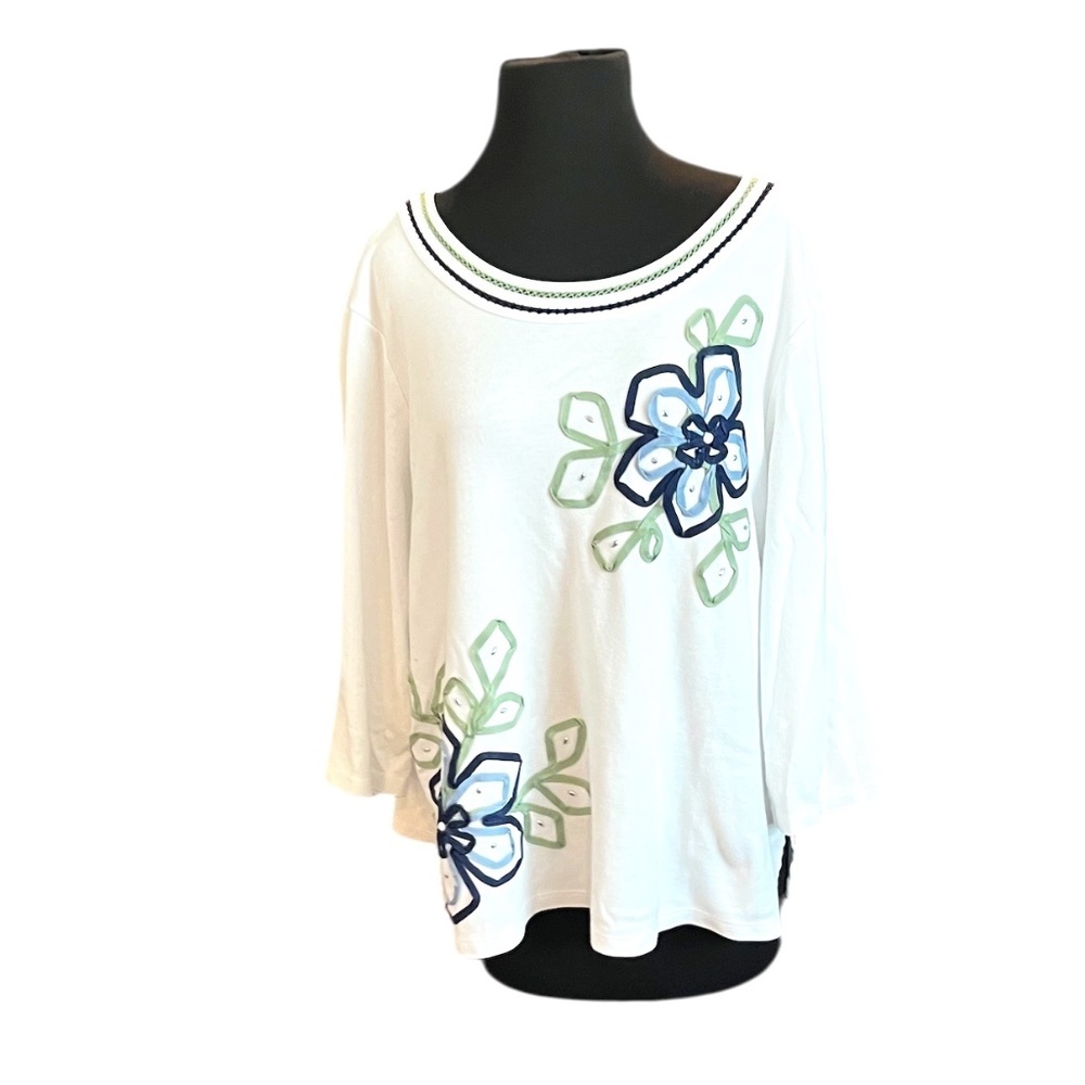 Alfred Dunner Blouse Women's M White Floral Cotton Polyester 3/4 Sleeve